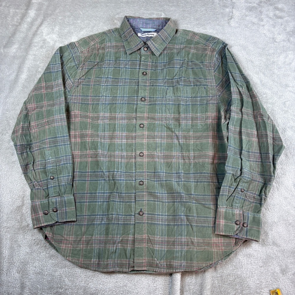 Tommy Bahama Shirt Men Large Plaid Corduroy Button Down Green Long Sleeve